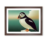 Pleasant Puffin Bird Framed Print | A4 Walnut Framed Wall Art | Ready to Hang | Modern Nature Picture | Living Room Bedroom Lounge Office
