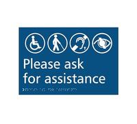 Please ask for assistance Braille Tactile Sign Self Adhesive Blue W300mm x H200mm