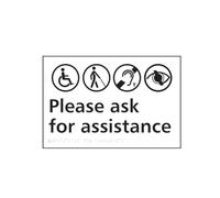 Please ask for assistance Braille Tactile Sign Self Adhesive White W300mm x H200mm