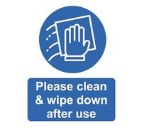 Please Clean And Wipe Down After Use Safety Warning Sign Adhesive Sticker A4 297mm x 210mm