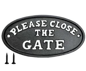 Please Close The Gate Sign With Fixing Screws Durable Cast Iron 17.5cm Traditional Black White Gate Sign Rustic Finish 7inch Keep Children Pets Animal Visitors Safe
