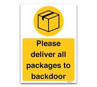 Please deliver all packages to backdoor Sign, A4 297 x 210mm - 1mm Rigid Plastic, Postman, Couriers, Delivery Door notice