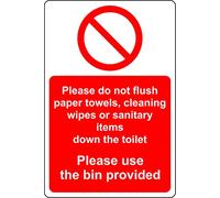 Please do not flush paper towels, cleaning wipes or sanitary items down the toilet please use the bins provided sign - Self adhesive sticker (200mm x 150mm)