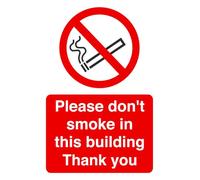 Please don't smoke in this building sign - High tack self-adhesive sticker (150mm x 100mm) Viewing Distance within 3m.