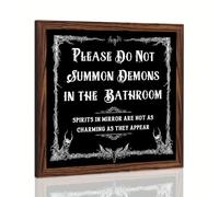 Please Don't Summon Demons in the Bathroom Gothic Wooden Framed Sign with Bat Border Design Funny Halloween Bathroom Decor Halloween Decorations Spooky Wall Art 8x8 Inch