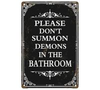 Please Don't Summon Demons in The Bathroom Vintage Metal Sign,Toilet Rules Rustic Tin Signs Metal Poster Halloween Decoration for Home Bar Pub Cafe Farm Room Plaque Posters 12 X 8 Inch