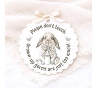 Please Don't Touch Baby Pram Sign, Acrylic Disc with Bunny Design, Grown-Up Germs Warning Tag with Ribbon