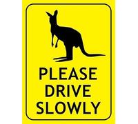 Please Drive Slowly Wallaby Area Bright Yellow Retro Vintage Warning Metal Sign Tin Signs Aluminum Plaque for Outdoors Use Yard Farm Fence Home Wall Decor 8x12 inch