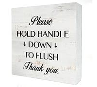 Please Hold Handle Down to Flush Wood Box Sign Decor Rustic Bathroom Quote Wooden Box Sign Block Plaque for Wall Tabletop Desk Home Toilet Bathroom Decoration 5" x 5"