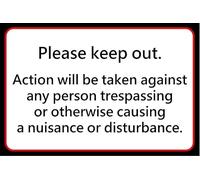 Please keep out action will be taken against trespassers safety sign - Self adhesive sticker (600mm x 400mm)