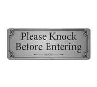 Please Knock Before Entering Sign | Brushed Silver Aluminium Door Plaque | 20 x 7.5 cm with Adhesive Stickers