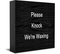 Please Knock We'Re Waxing Wooden Box Sign Decorative Funny Office Wood Box Sign Home Office Decor Rustic Farmhouse Square Desk Decor Sign For Shelf 5 X 5 Inches