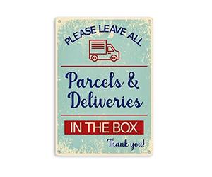 Please Leave All Parcels & Deliveries In The Box - Rustic, Polite Delivery Notice with 4 Drill Holes, Printed Waterproof Exterior Use Plaque. Shipped Globally.