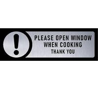 Please open window when cooking, thank you, black and brushed aluminium effect sign - Self adhesive sticker (300mm x 100mm)