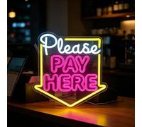 Please Pay Here Neon Sign For Wall Decor LED Business Sign Lights Neon Wall Sign for Supermarket Shop Bars Party Salon Stores Hotel Wall USB Powered Dimmable 12.6”X12.8”