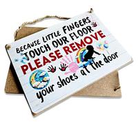 Please Remove Your Shoes Sign, Decorative Wall Hanging Plaque with Baby Crawling Little Fingers Theme, Rustic Wooden White with Multicolor Design, Indoor Home Decor
