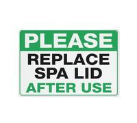 Please Replace Spa Lid Sign 12 X 8 Inches Reflective Aluminum Metal Warning Signage With Symbol For Indoor Outdoor Use