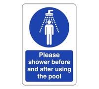 Please Shower Before And After Using The Pool - safety sign - High tack self-adhesive sticker (600mm x 400mm) Viewing Distance within 20m.
