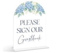 Please Sign Our Guestbook Sign - Something Blue Before I Do Bridal Shower Signs, 1 Pack Arch Acrylic Sign with Stand, Bridal Shower Centerpieces, Dusty Blue Hydrangea Wedding Reception Decor (XE39)