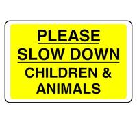 Please Slow Down Children Animals - safety sign - 1.2mm Rigid plastic for indoor/outdoor usage (400mm x 300mm) Viewing Distance within 14m.