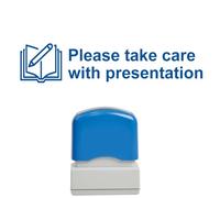 Please take Care with Presentation Self-Inking Teacher Stamp, Reinkable, Quality School Stamp 10x39mm Blue Ink.