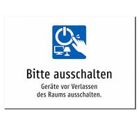 Please turn off devices before leaving the room. Sticker A4: 297 x 210 mm with graphics and text