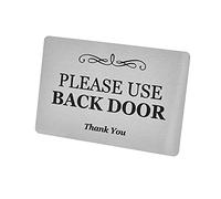 Please Use Back Door Sign - Metal, aluminium with adhesive, notice for deliveries, packages, post (Silver) Shipped globally - Clear easy to read text.