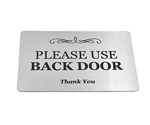 Please Use Back Door Sign - Metal, aluminium with adhesive, notice for deliveries, packages, post (Silver) Shipped globally - Clear easy to read text.