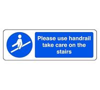 Please Use Handrail Take Care On The Stairs - safety sign - High tack self-adhesive sticker (150mm x 50mm) Viewing Distance within 3m.