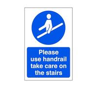 Please Use Handrail Take Care On The Stairs - safety sign - High tack self-adhesive sticker (600mm x 400mm) Viewing Distance within 20m.