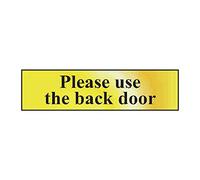 Please Use The Back Door Sign - Self-Adhesive PVC - Polished Gold Effect - 200mm x 50mm