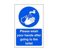 Please wash your hands after going to the toilet - Food Preparation/Safety - High tack self-adhesive sticker (150mm x 100mm) Viewing Distance within 3m.