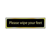 Please Wipe Your Feet Sign - Self-Adhesive PVC - Black and Polished Gold Effect - 200mm x 50mm