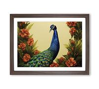 Pleasing Peacock Framed Print | A3 Walnut Framed Wall Art | Ready to Hang | Modern Animal Picture | Living Room Bedroom Lounge Office