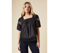 Womens Pleat Front Lace Trim Short Sleeve Blouse Black 16