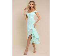 Pleated Bardot High Low Tier Chiffon Midaxi Dress Goddiva Mint 8