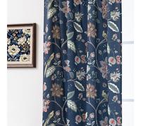 Pleated Coastal Curtains for Bedroom,70% Blackout Black Out Elegant Navy Blue Floral Printed Pattern Chinoiserie Luxury Curtains for Living Room 96 Inches Long 2 Panel Set