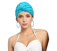 Pleated Fabric Swimming Cap Women Ladies Long Hair Swim Cap Ear Protecting Bathing Cap Elastic Polyester Turban Swim Hat Shower Cap for Beach Spa Non Waterproof, Twisted Beanie Cap Sleep Hat