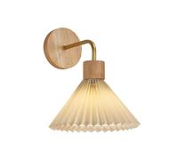 Pleated Fabric Wall Sconce, Wood Wall Lamp with Cloth Shade - E14 Socket, Modern Simple Wall Mounted Light, Hardwired Wall Lighting Fixtures for Bedroom Living Room Hallway