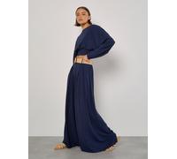 Pleated Palazzo Trousers With Belt Apricot Navy 10