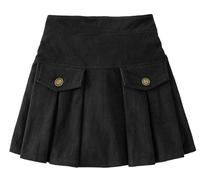 Pleated Skirt Kids A-line Skater Skirt Corduroy Button Front High Waist Skirts for Girl with Decorate Pocket Black Corduroy Skirt 8-9 Years