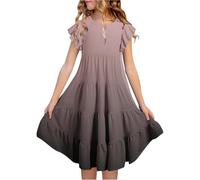 Pleated Skirt with Shorts, Girls' Summer Dress with Colour Gradient, Crew Neck, Flutter Sleeves, Tiered A-line Casual Dress, Breathable, Comfortable, Playful, for Children, Girls Set, brown, 14- 15