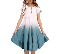 Pleated Skirt with Shorts, Girls' Summer Dress with Colour Gradient, Crew Neck, Flutter Sleeves, Tiered A-line Casual Dress, Breathable, Comfortable, Playful, for Children, Girls Set, beige, 14- 15