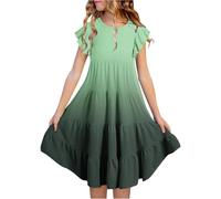 Pleated Skirt with Shorts, Girls' Summer Dress with Colour Gradient, Crew Neck, Flutter Sleeves, Tiered A-line Casual Dress, Breathable, Comfortable, Playful, for Children, Girls Set, Green, 14- 15