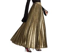 Pleated Skirts for Women High Waist Metallic Shiny A-Line Maxi Skirt Golder S