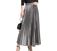 Naliha Pleated Skirts for Women High Waist Metallic Shiny A-Line Maxi Skirt Silver L