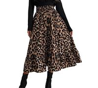 Pleated Skirts for Women Midi Boho Skirts Elasticated Waist Long Summer Leopard Print A Line Swing Gypsy Casual for Holiday Beach Outgoing
