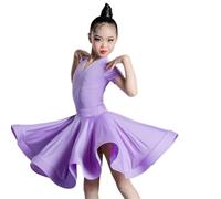 Pleated Standard Latin Dance Dress for Girls - Children V-Neck Ballroom Performance Practice Outfit Salsa Rumba Cha Cha Samba Tango Competition Top Skirt,Purple,140cm