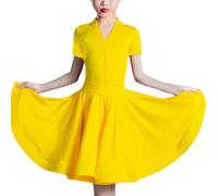 Pleated Standard Latin Dance Dress for Girls - Children V-Neck Ballroom Performance Practice Outfit Salsa Rumba Cha Cha Samba Tango Competition Top Skirt,Yellow,140cm