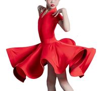Pleated Standard Latin Dance Dress for Girls - Children V-Neck Ballroom Performance Practice Outfit Salsa Rumba Cha Cha Samba Tango Competition Top Skirt,Red,120cm